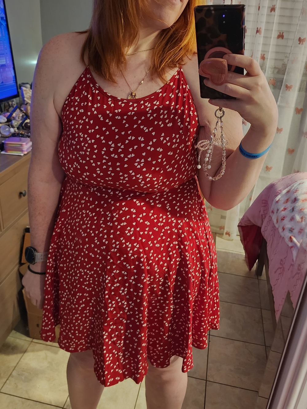 Red Heart Print Strappy Skater Dress